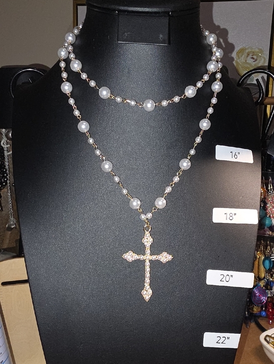 Jewelry - Elegant Faux Pearl Cross Pendant Necklaces - White Faux Pearls w/ Gold Accents